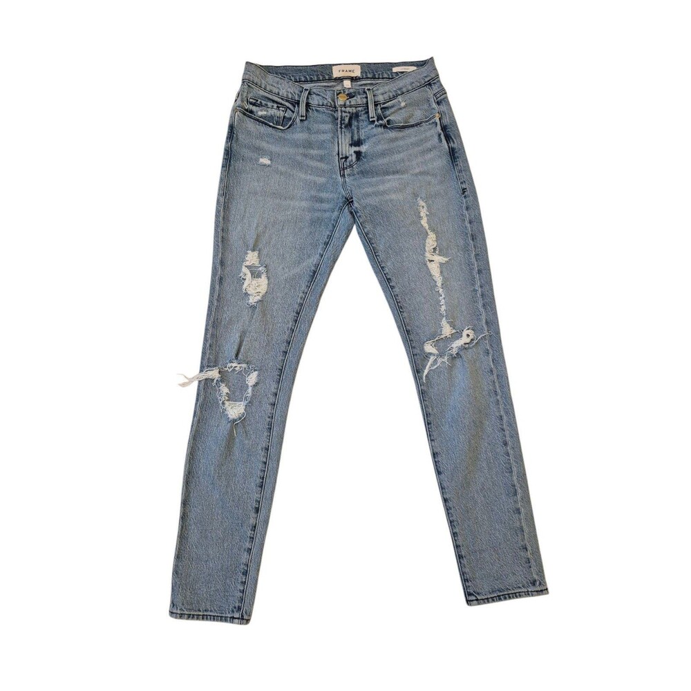 FRAME le Garcon Distressed Jeans Mid Rise Skinny Jeans Medium Wash Sz 25